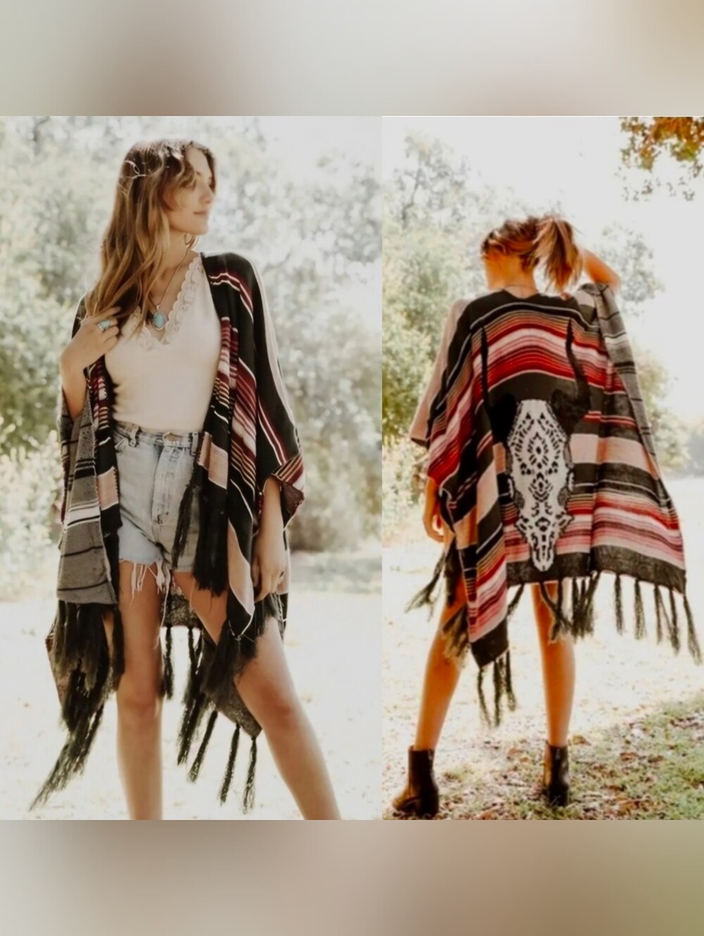 NWT Southwestern Boho Western Cowgirl Bull Skull Fringe Poncho Cape Wrap